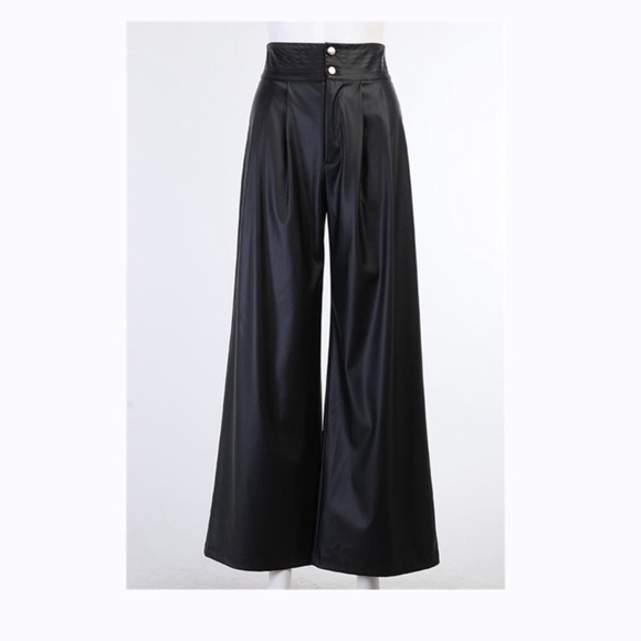 Black High Waisted Faux Leather Palazzo Pants (S) - Picture 9 of 11